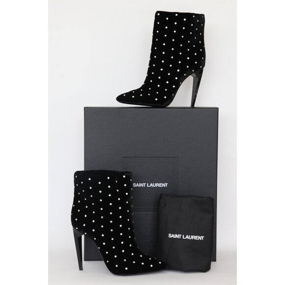 SAINT LAURENT BOOTS FREJA CRYSTAL STUDDED VELVET ANKLE BOOTIES sz 36.5 6.5 US - Picture 3 of 15